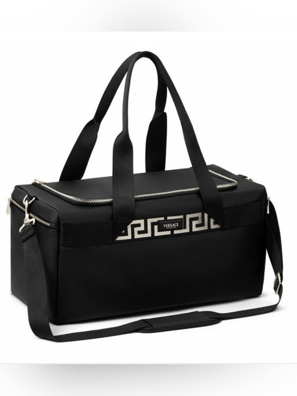 Versace Black Duffel Bag with Silver Greek Key Trim